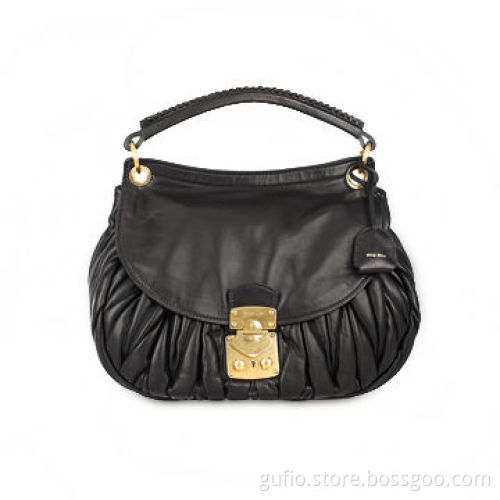 Black Leather Shoulder Bag with Push-lock Fastening at Front, Small Orders are Welcome